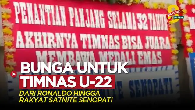 Berita video sejumlah karangan bunga menarik dihadirkan untuk Timnas Indonesia U-22, yang meraih medali emas SEA Games 2023. Karangan tampak hadir dari Ronaldo hingga rakyat satnite Senopati, Jumat (19/5/2023).