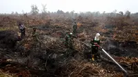 Seorang petugas pemadam dari Kementerian Kehutanan Indonesia, bersama anggota TNI menyemprotkan air ke hutan lahan gambut di Parit Indah Desa, Kampar, Riau, Rabu (9/9/2015). Kebakaran lahan menyebabkan kabut asap di sejumlah wilayah. (REUTERS/YT Haryono)