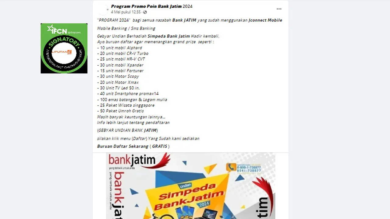 Tangkapan layar klaim pendaftaran gebyar undian berhadiah Simpeda Bank Jatim