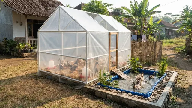 Model kandang bebek dengan area air mini yang bikin sehat dan produktif bertelur desain rumah kaca mini dengan kolam samping