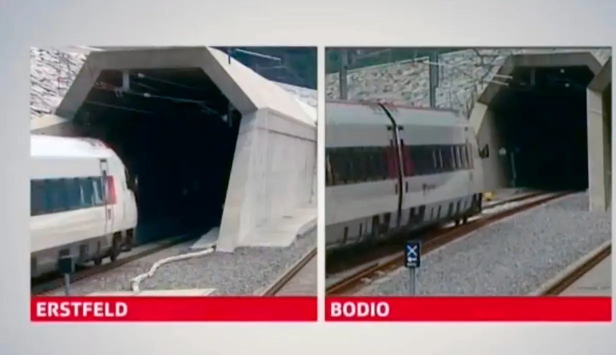 Gambar yang diambil dari video menunjukkan kereta memasuki ujung utara terowongan di Erstfield dan sisi selatan terowongan di Bodio, pada peresmian Gotthard Base Tunnel (GBT), terowongan sepanjang 57 kilometer di Swiss, Rabu (1/6). (REUTERS/SRG/Pool)