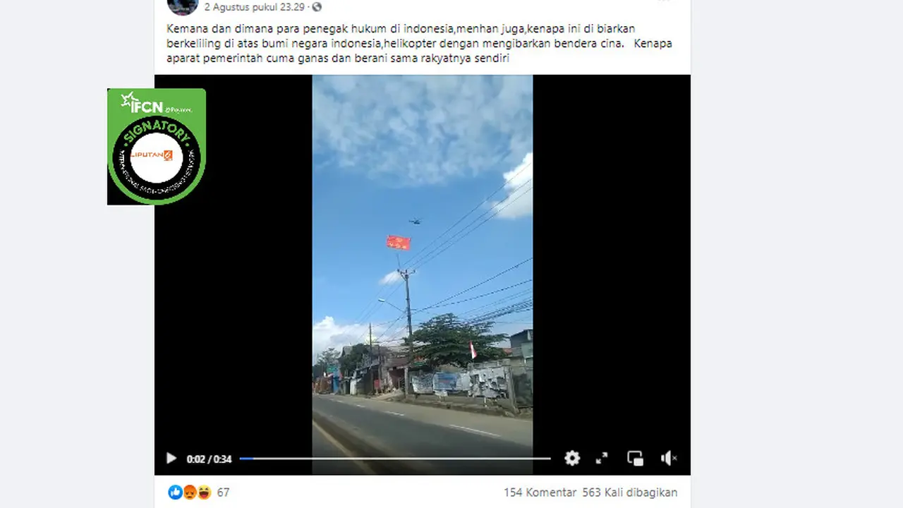 Cek Fakta Liputan6.com menelusuri klaim video helikopter membawa bendera China