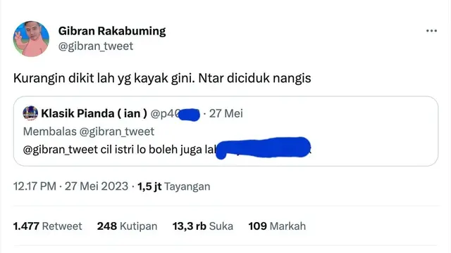 Cuitan Gibran Rakabuming soal penghinaan terhadap istrinya, Selvi Ananda. (Foto: Dok. Twitter @gibran_tweet)