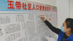 Petugas sensus memperbarui informasi kemajuan di komunitas Lianyungang yang terletak di Provinsi Jiangsu, China timur, pada 1 November 2020. China pada Minggu (1/11) memulai sensus populasi nasional ketujuh. (Xinhua/Geng Yuhe)