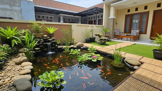 Desain Teras Sederhana Area Hijau untuk Rumah Dengan Kolam Ikan Mini