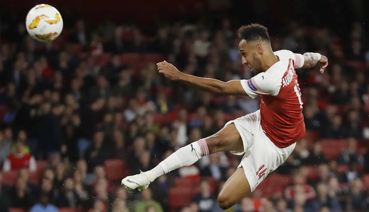 Aubameyang adalah salah satu striker paling produktif di Eropa. Dia mulai bersinar saat berseragam Borussia Dortmund dan sekarang di Arsenal. (AP/Kirsty Wigglesworth)