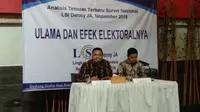 Lingkaran Survei Indonesia (LSI) Denny JA merilis temuan terbaru survei nasional November 2018 terkait Ulama dan Efek Elektoralnya. (Liputan6.com/Delvira)