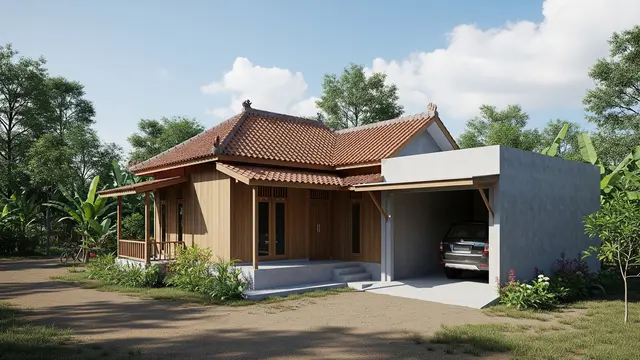 Desain Rumah Desa Sederhana dengan Garasi Terbuka/Gemini AI