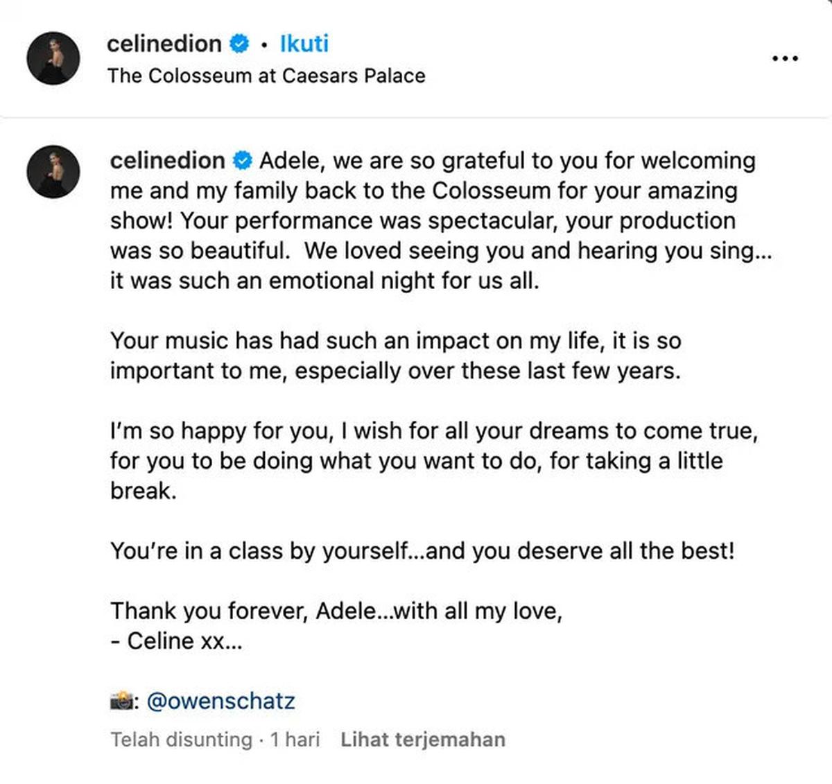 Surat Terbuka Celine Dion Setelah Viral Adele Memeluknya Sambil Nangis di Sela Konser