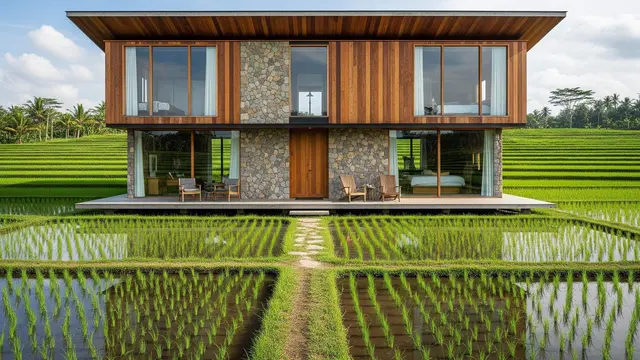 Model Rumah Minimalis Desa dengan Kombinasi Tembok dan Kayu Alami/Gemini AI