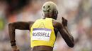 Pelari Jamaika, Janieve Russell berkompetisi dalam nomor lari gawang 400 meter Olimpiade Paris 2024 di Stade de France, Paris, Prancis, 6 Agustus 2024. (AP Photo/Petr David Josek)