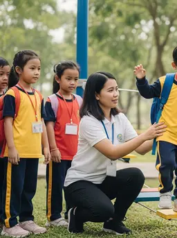 Ilustrasi anak usia TK melakukan kegiatan outbound dengan didampingi guru mereka. Foto Gemini