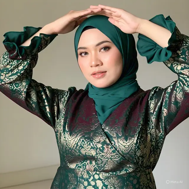 Dress Brokat V-Neck dengan Detail Ruffle
