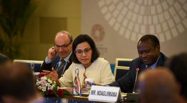 Sri Mulyani pada rangkaian Pertemuan Tahunan IMF-Bank Dunia 2018 di Bali