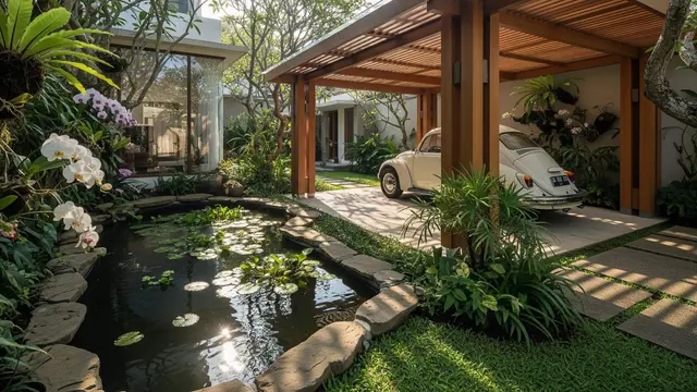 Carport Kayu Alami yang Menyatu dengan Taman Rumah
