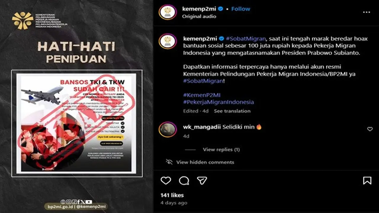 Gambar tangkapan layar postingan dari akun Instagram @kemenp2mi.