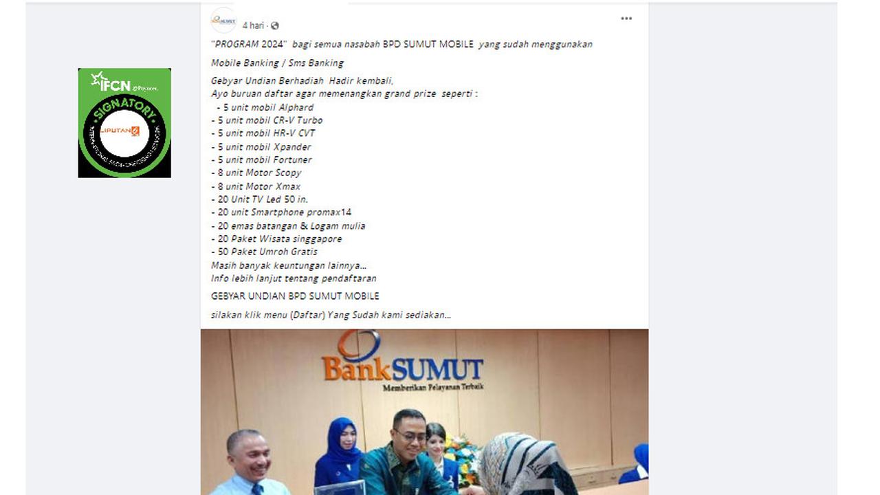 Tangkapan layar klaim pendaftaran undian berhadiah dari Bank Sumut