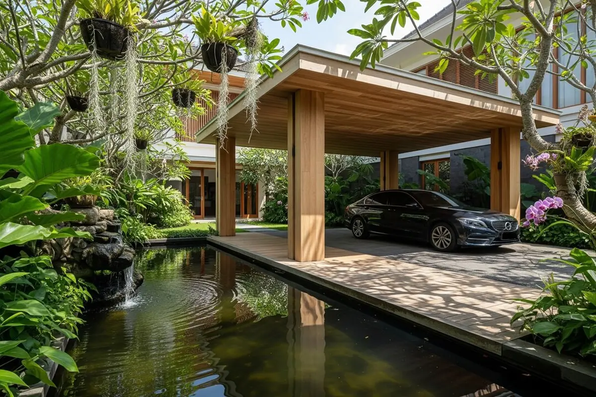 Carport Kayu Alami yang Menyatu dengan Taman Rumah