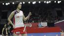 Ganda putri Jepang, Ayane Kurihara, tampak fokus saat melawan ganda Jepang lainnya pada Indonesia Masters 2019 di Istora Senayan, Jakarta, Selasa (22/1). Gondo / Kurihara gagal lolos ke babak kedua. (Bola.com/M. Iqbal Ichsan)