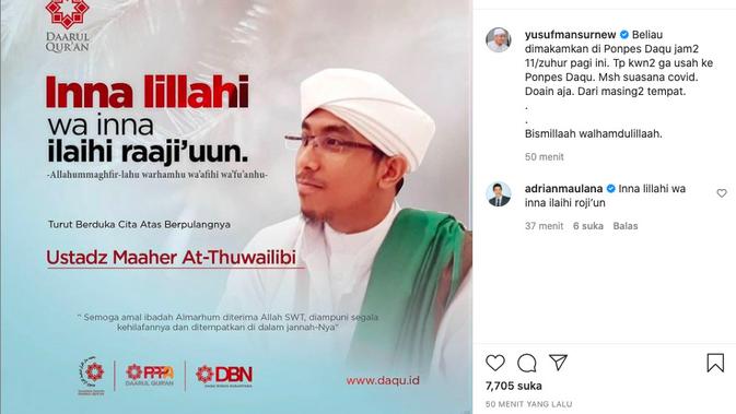 Maheer At-Thuwailibi Akan Dimakamkan di Ponpes Daarul Quran. (instagram.com/yusufmansurnew)