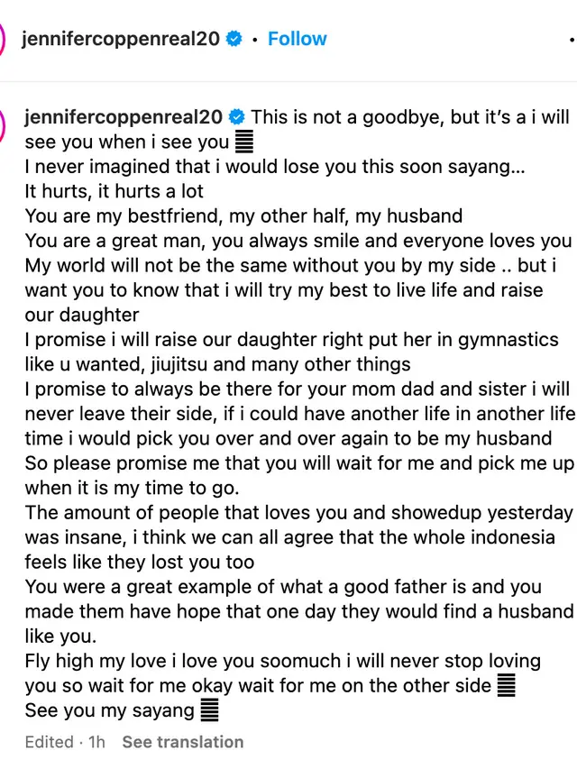 Unggahan Jennifer Coppen. (Foto: Dok. Instagram @jennifercoppenreal20)