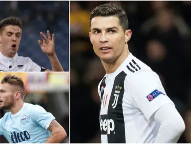 Striker Juventus, Cristiano Ronaldo tertinggal dua gol dari striker Genoa, Krzysztof Piątek, yang memuncaki daftar pencetak gol sementara dengan torehan 13 gol. Berikut daftar top scorer sementara Serie A pekan ke 17. (Foto Kolase AP dan AFP)