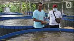 Manajer Program Ekosistem kelautan Yayasan KEHATI Toufik Alansar (kanan) bersawam perwakilan Masyarakat Pelestarian Hutan Pesisir (KMPHP) Mangrove Sarisaat meninjau kegiatan budi daya ikan nila sistem bioflok di Desa Kaliwlingi Kabupaten Brebes, Jawa Tengah (28/03/2022). (Liputan6.com/HO/Ading)
