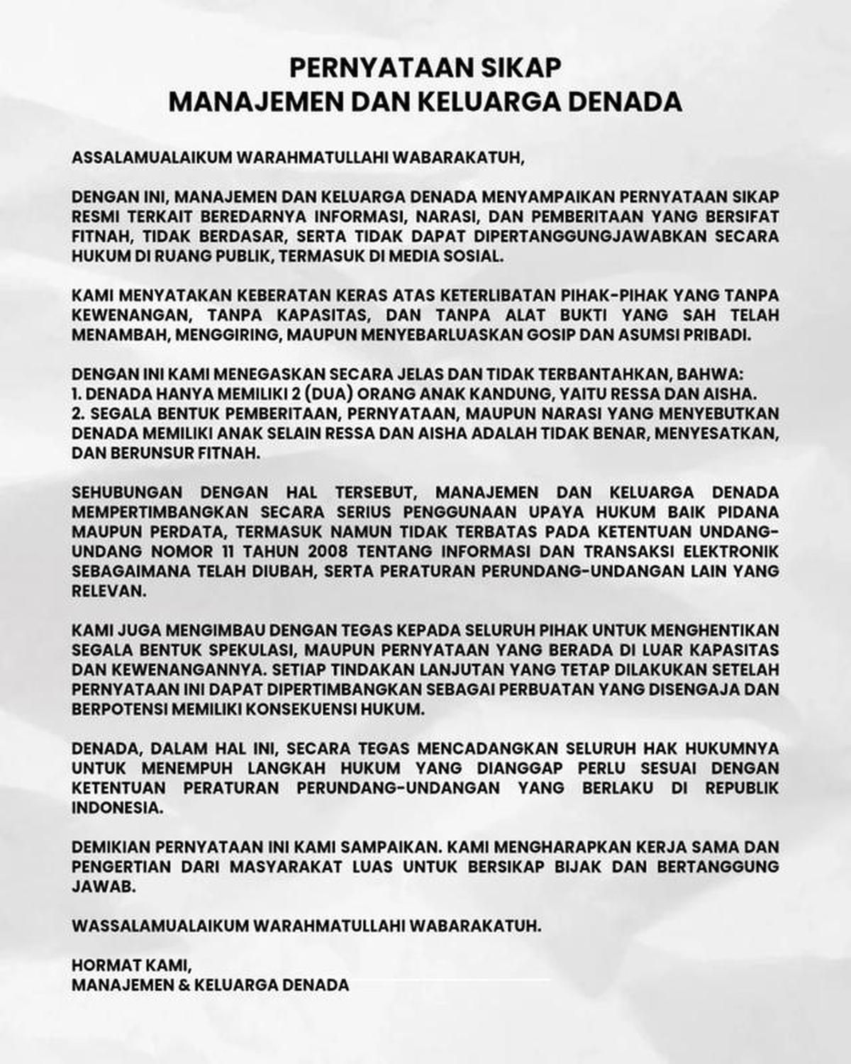 Viral Denada Klarifikasi Gosip Punya 3 Anak: Tidak Benar, Menyesatkan dan Berunsur Fitnah