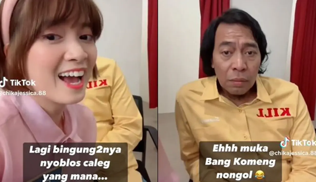 Setelah viral pose nyelenehnya di surat suara dapil Jawa Barat, pemilik nama Alfiansyah Bustami Komeng itu langsung dijagokan menang oleh netizen dan rekan artisnya. Salah satunya Chika Jessica, yang membuat video bareng Komeng. Ia mengungkapkan, saat bingung nyoblos caleg mana, wajah Komeng muncul dengan ekspresi yang kocak. (Liputan6.com/TikTok/@chikajessica.88)