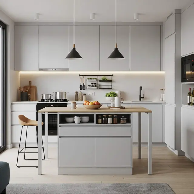 Dapur Terbuka 2x3 Meter Rumah Type 45 dengan Meja Island Multifungsi