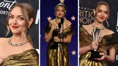 Foto kolase Amanda Seyfried saat menghadiri dan meraih penghargaan Aktris Terbaik dalam Film/Minseri untuk "The Dropout" pada Critics Choice Awards ke-28 di Fairmont Century Plaza Hotel di Los Angeles, California (15/1/2023). (Photo by Jordan Strauss/Invision/AP)