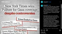 Tangkapan layar soal isu New York Times yang memenangkan Pulitzer dengan memanfaatkan liputan soal konflik Palestina-Israel dan dipakai sebagai propaganda anti-Palestina. (dok. Instagram @trtworld/https://www.instagram.com/p/C6qU5eLt6md/?utm_source=ig_web_copy_link/Rusmia Nely)