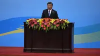 Presiden China Xi Jinping saat membuka Belt and Road Initiative Forum di Beijing,&nbsp;pada Rabu (18/10/2023). (Dok.&nbsp;Grigory Sysoyev, Sputnik, Kremlin Pool Photo via AP)