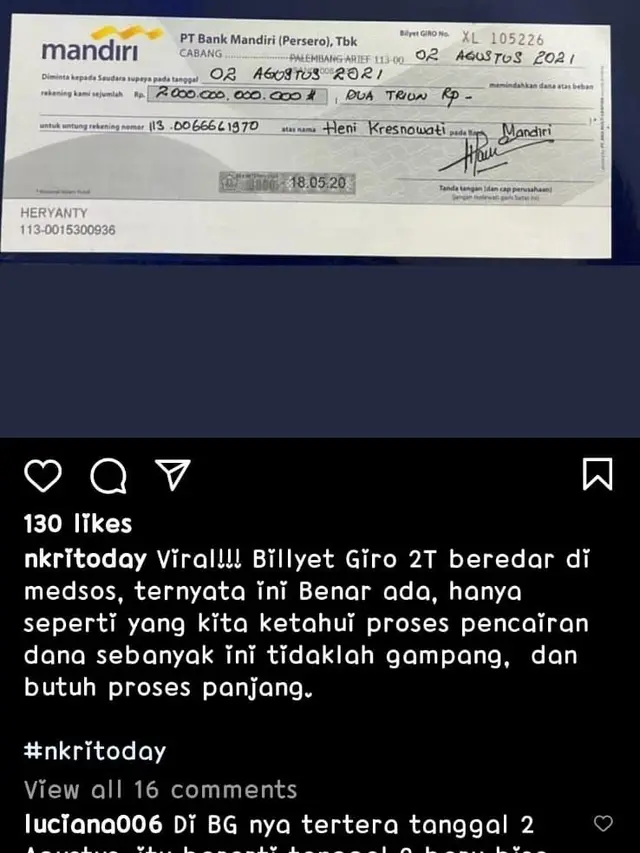 Tangkapan layar Bilyet Giro di media sosial dengan nilai Rp 2 triliun bertuliskan Heryanty.