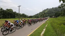 Para pebalap sepeda berlomba dalam Etape 1 Tour de Singkarak antara Painan, Kabupaten Pesisir Selatan menuju Pariaman, Sumatra Barat, Sabtu (3/10/2015). (Bola.com/Arief Bagus)