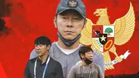 Timnas Indonesia - Shin Tae-yong dengan logo Merah-Putih dan Garuda (Bola.com/Adreanus Titus)