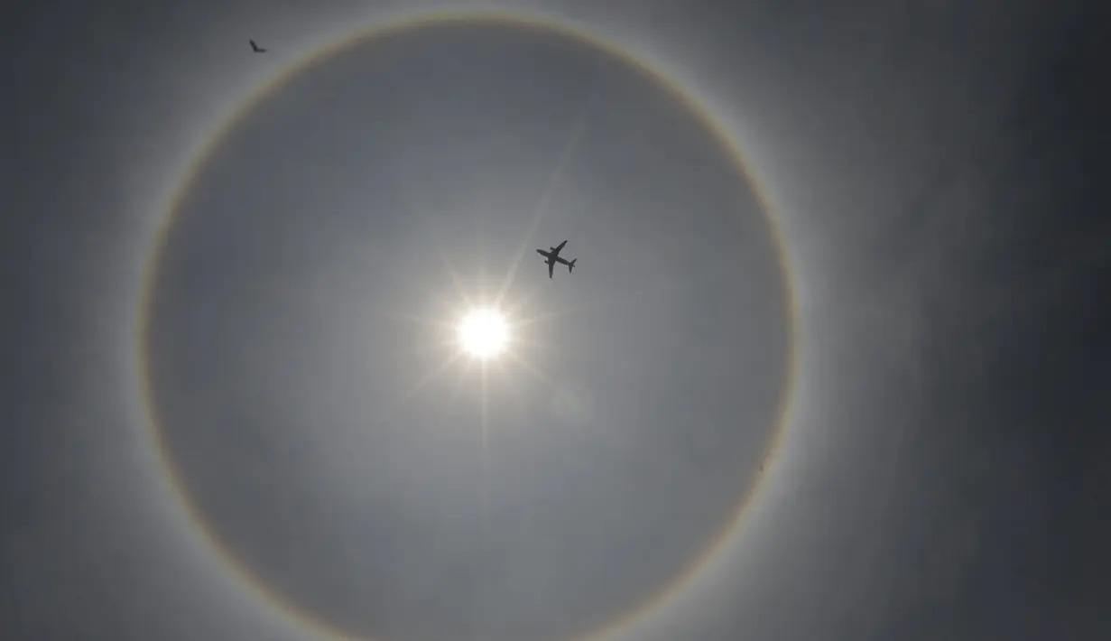 Sebuah pesawat terbang melewati 'halo matahari' di Mexico City (21/5/2015). Menurut ahli meteorologi, fenomena cuaca menciptakan pelangi mengelilingi matahari dan dibentuk oleh refleksi dari kristal es. (REUTERS/Henry Romero)