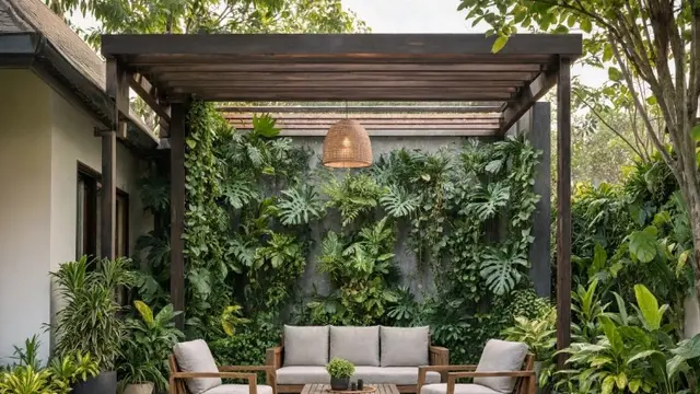 Inspirasi Area Duduk Outdoor di Halaman Belakang dengan Pergola dan Tanaman Hias (AI Generated)