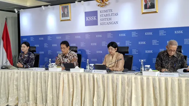 Konferensi pers Komite Stabilitas Sistem Keuangan (KSSK)  di Kantor Lembaga Penjamin Simpanan (LPS), Jakarta, Senin (3/8/2026). (Liputan6.com/Arief)