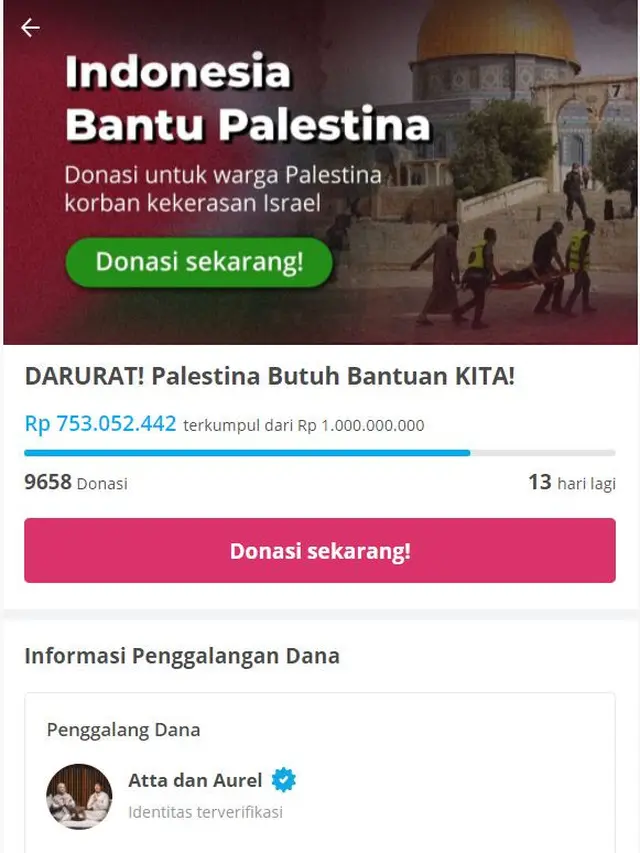 Penggalangan dana untuk Palestina oleh Atta Halilintar. (tangkapan layar/ https://kitabisa.com/campaign/solidaritasuntukpalestina)
