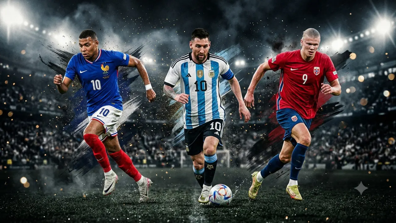 Ilustrasi Kylian Mbappe, Lionel Messi, Erling Haaland