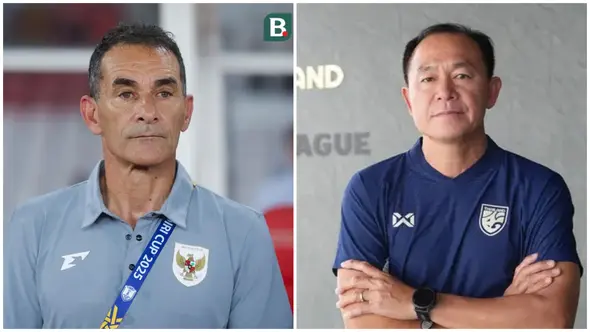 <p>Pelatih Timnas Indonesia U-23, Gerald Vanenburg, dan pelatih Timnas Thailand U-23, Thawatchai Damrong-Ongtrakul. (Bola.com).</p>