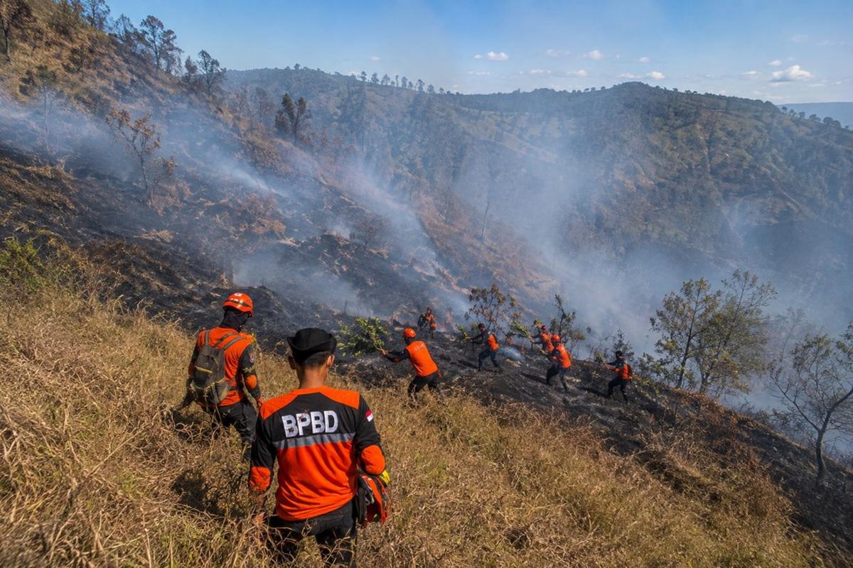 Proses pemadaman Karhutlah di kawasan Gunung Bromo.