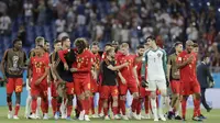 Para pemain Belgia melakukan selebrasi usai mengalahkan Jepang pada laga 16 besar Piala Dunia di Stadion Rostov, Senin (2/7/2018). Belgia menang 3-2 atas Jepang. (AP/Natacha Pisarenko)