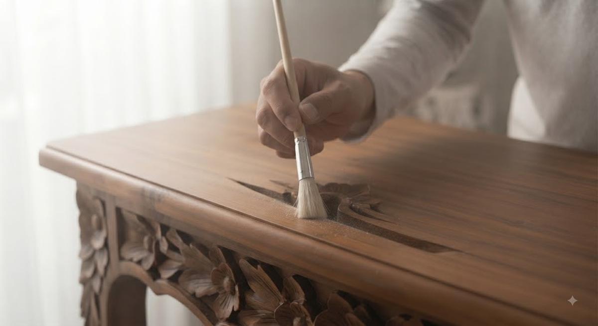 Cara Menghilangkan Debu dari Furnitur Berukir Langkah Ketiga dengan Menggunakan Kuas Lembut untuk Menjangkau Celah Ukiran