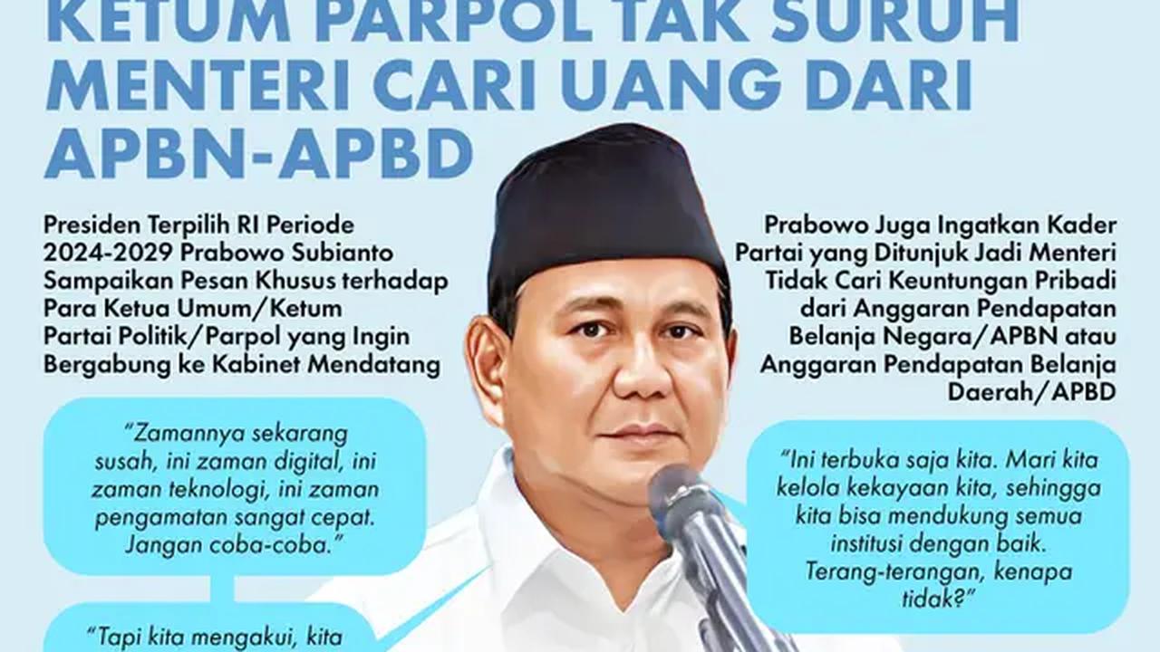 Infografis Prabowo Ingatkan Ketum Parpol Tak Suruh Menteri Cari Uang dari APBN-APBD. (Liputan6.com/Abdillah)
