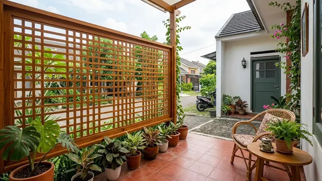 Inspirasi sekat teras dari material alami untuk rumah mungil model sekat kayu pola kisi-kisi