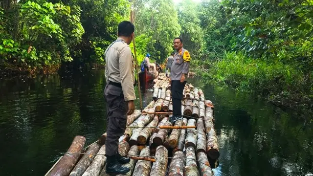 Personel Polres Siak berdiri di atas rakit yang merupakan pohon hasil pembalakan liar.