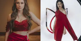 Wulan Guritno tampil dengan atasan berkancing hitam sleeveless dua sisi, sisi satunya berwarna merah dan sisi berikutnya warna sesuai dengan warna celananya. [@wulanguritno]