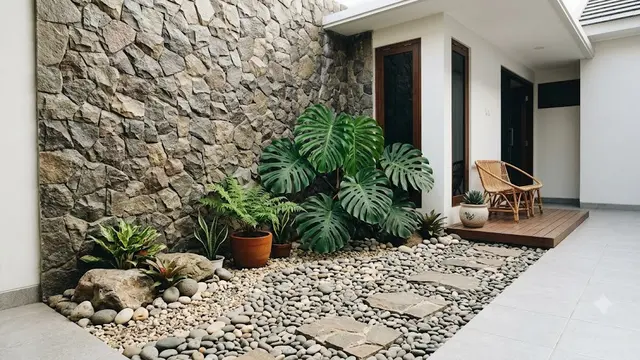 6 Taman Kering dengan Batu Koral dan Monstera, Halaman Rumah Makin Sejuk